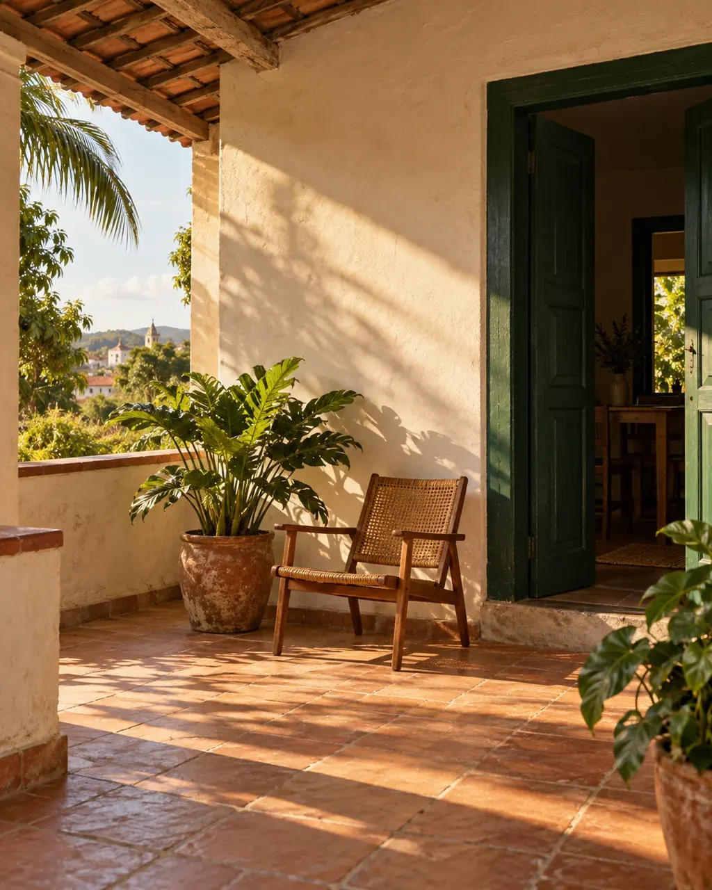 Casa com varanda, plantas e luz do sol